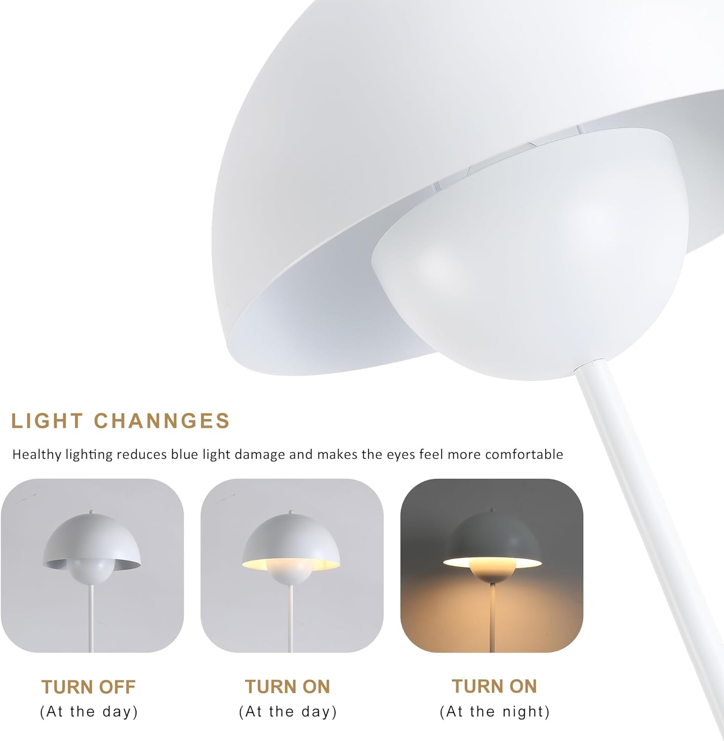 Primer plano de una lámpara de pie blanca que muestra los cambios de luz durante el día.