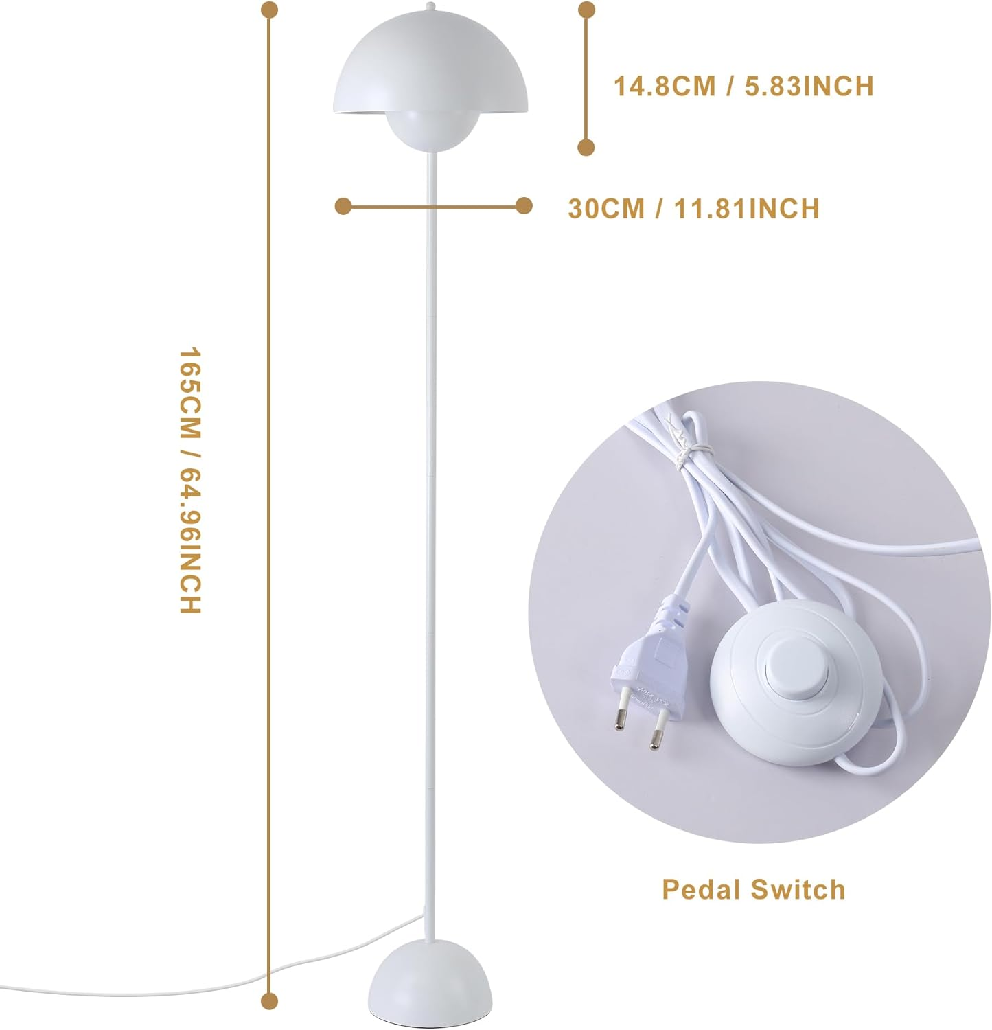 Lámpara de pie blanca con dimensiones indicadas, interruptor de pedal en el lateral.