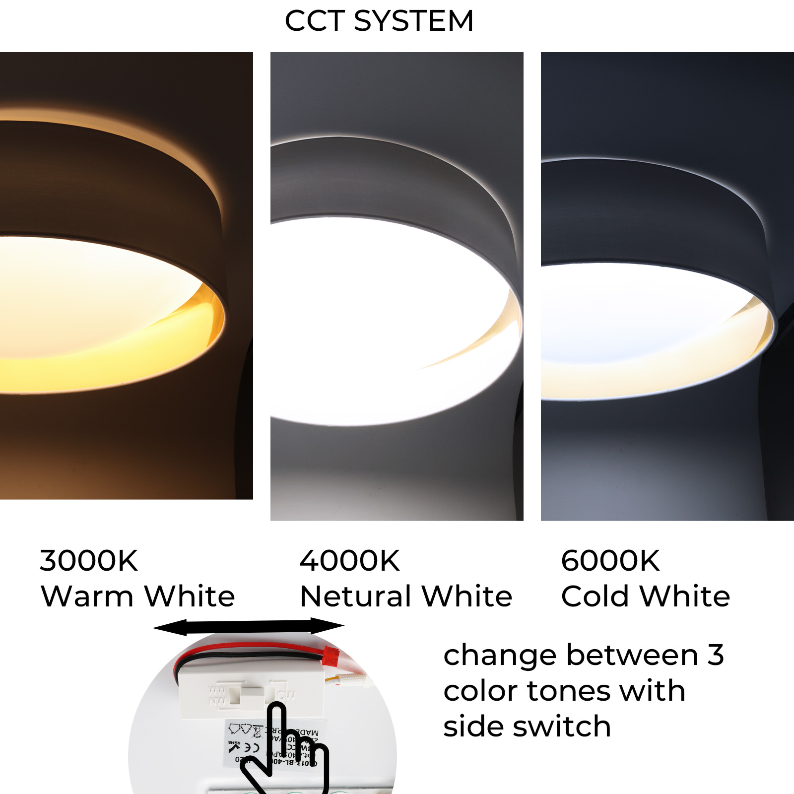 Tres luces de techo que muestran diferentes temperaturas de color: 3000K, 4000K y 6000K, con un sistema CCT.