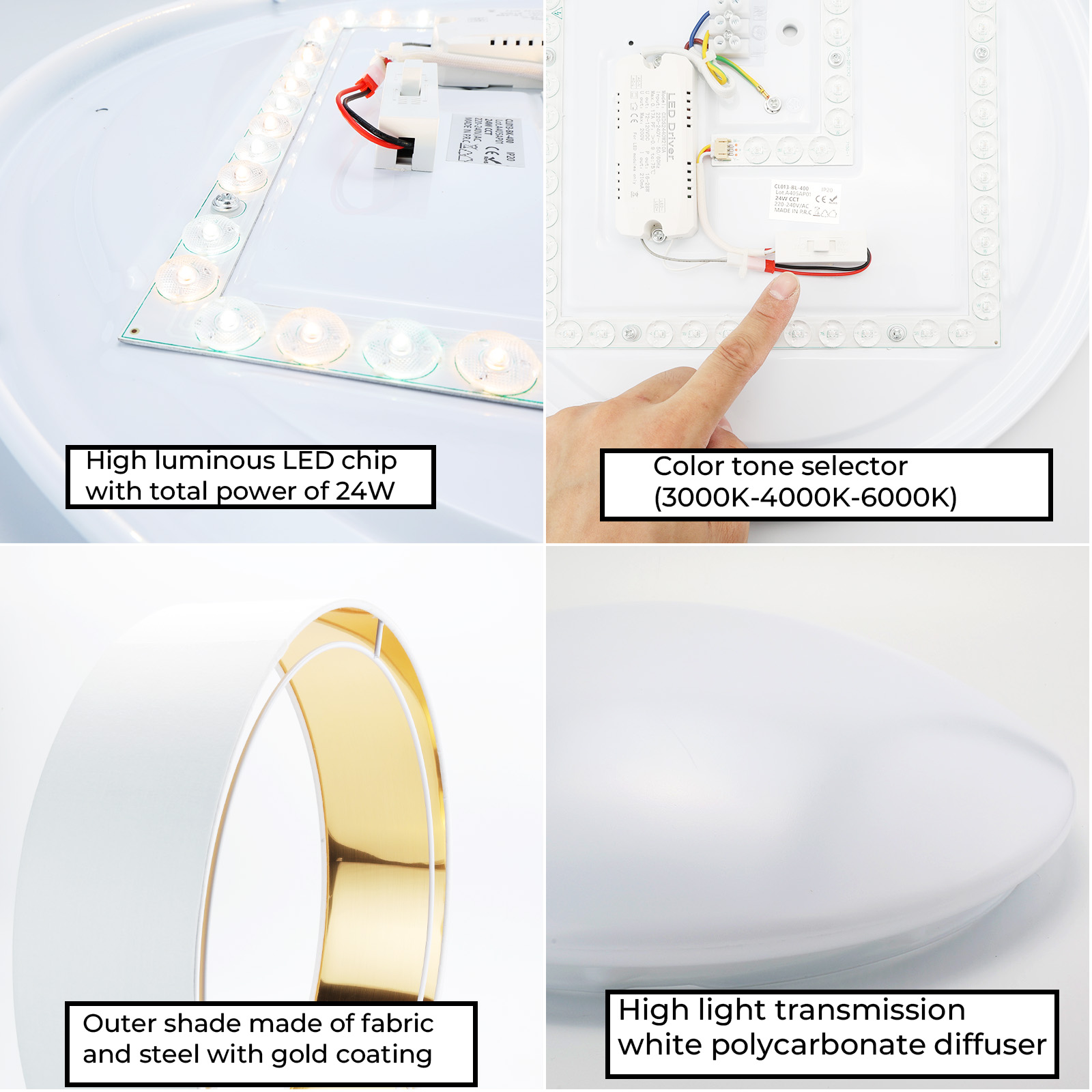 Primer plano de una lámpara de techo que muestra chips LED, selector de tono de color, pantalla exterior de tela y acero y difusor.