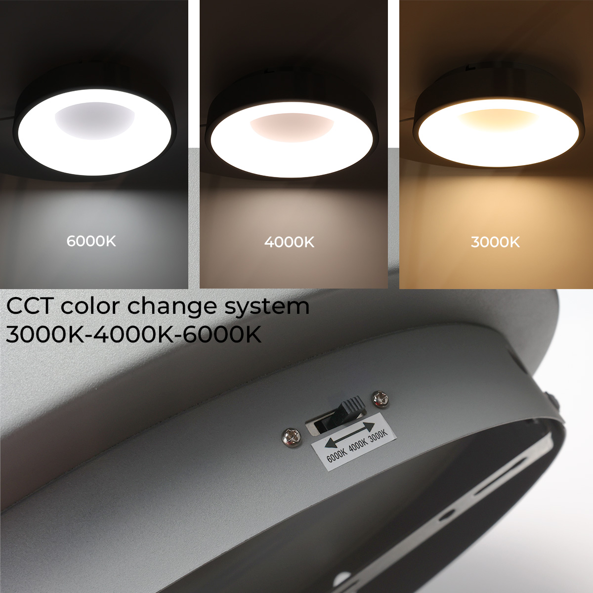 Primer plano de una luz de techo que muestra diferentes temperaturas de color y un interruptor para cambiar entre ellas (3000K-6000K).