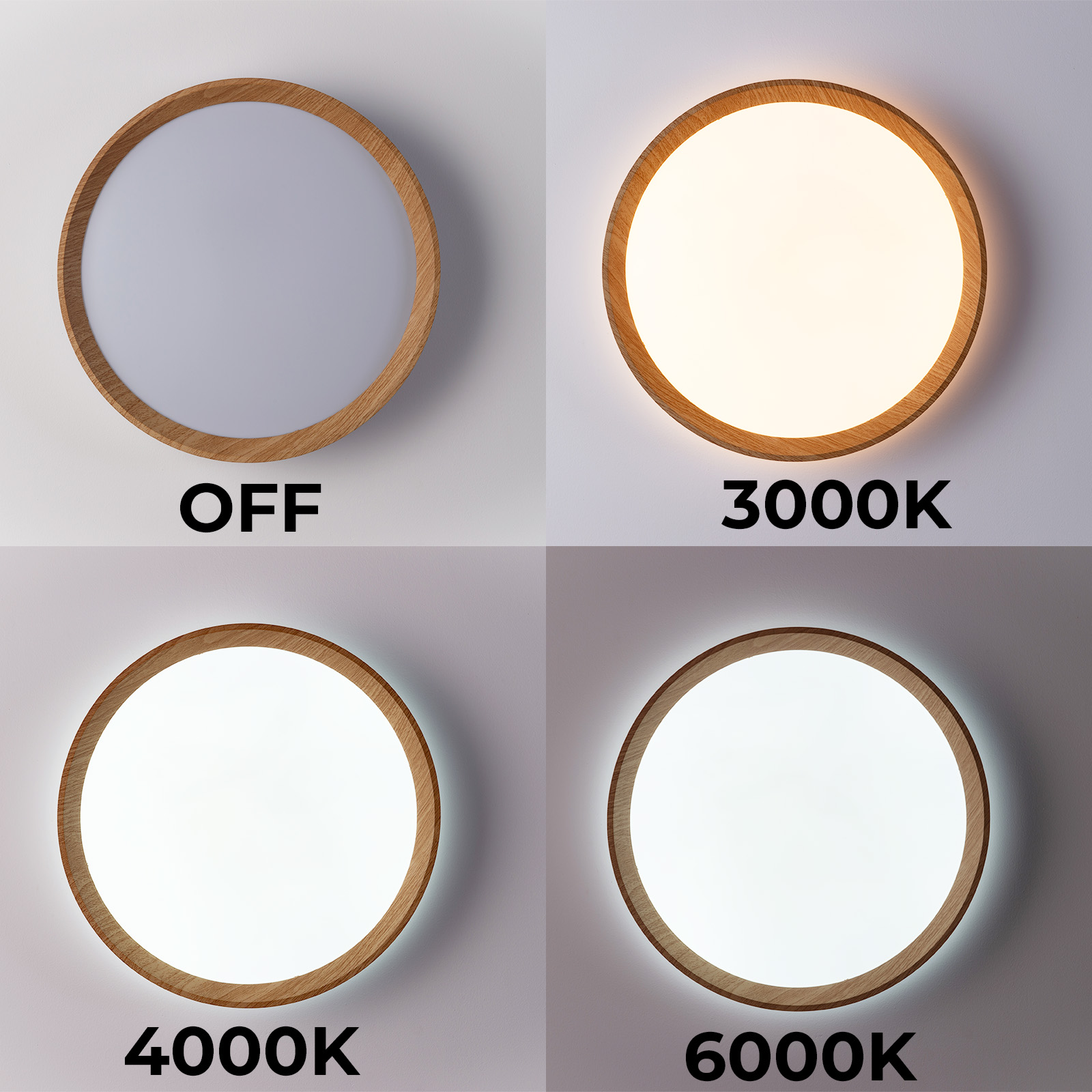 Cuatro luces encendidas y apagadas. Apagada, 3000k, 4000k y 6000k. Las luces están en marcos de madera redondos.