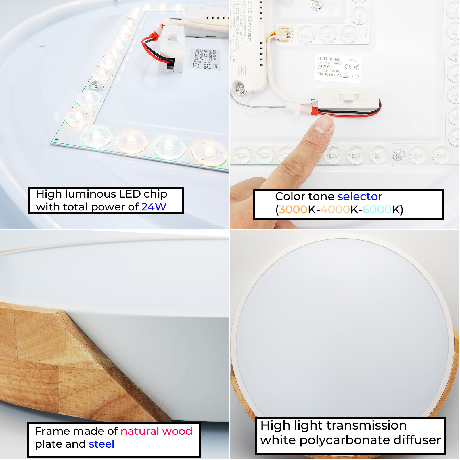 Componentes de una lámpara de techo con características resaltadas y placa de madera.