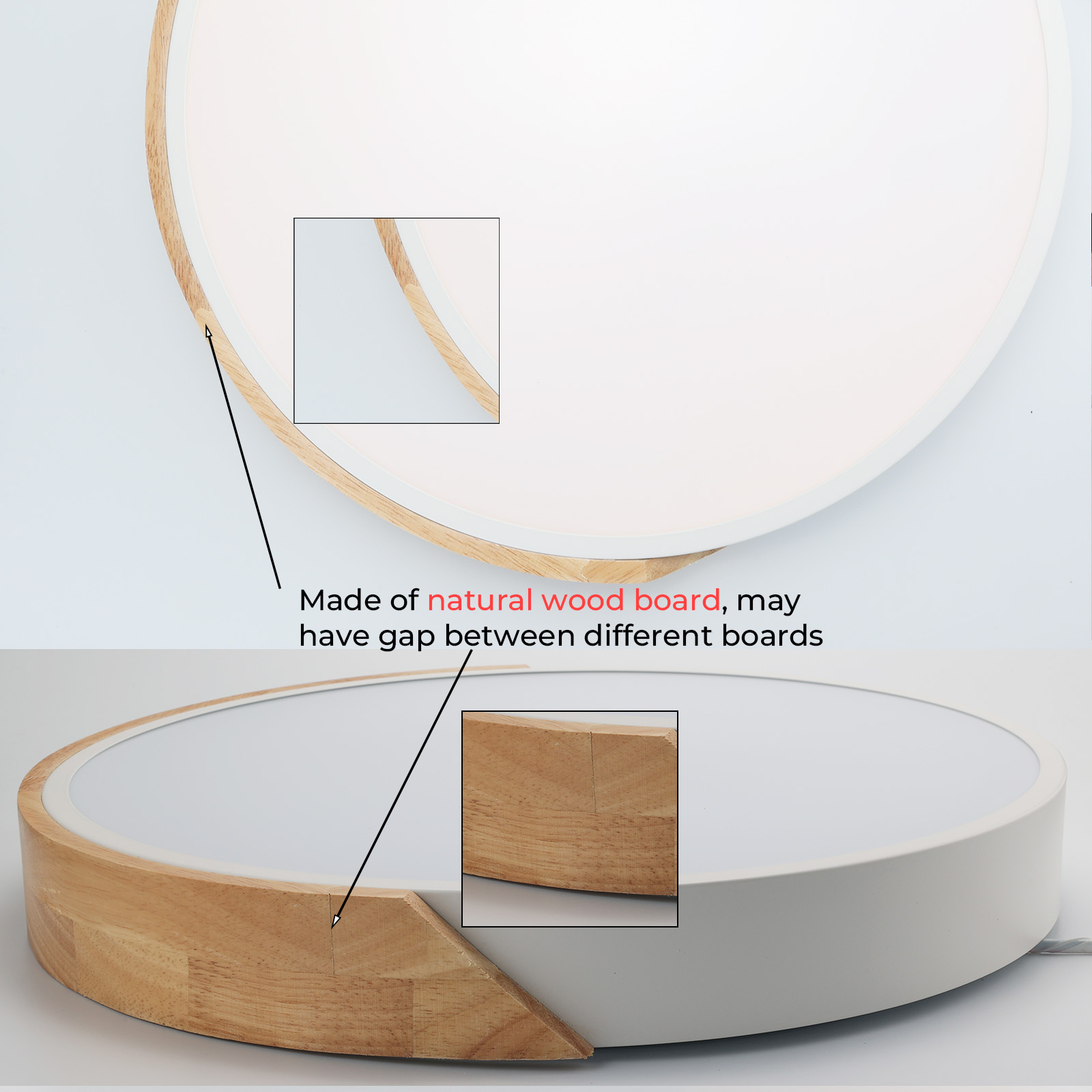 Primer plano de una lámpara de techo con borde de madera y centro blanco. Vista ampliada muestra madera natural y posibles huecos.
