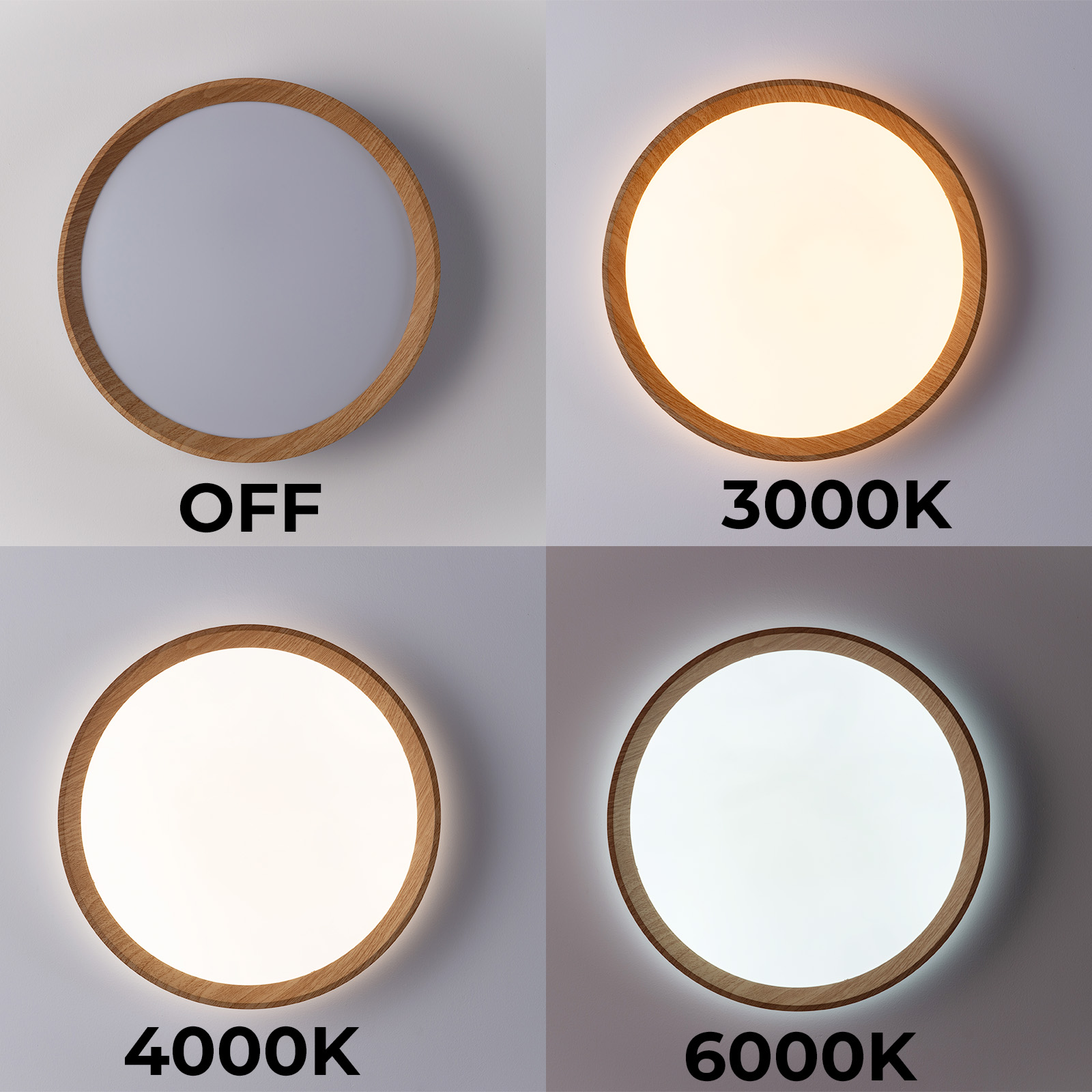 Cuatro imágenes de una luz de techo con diferentes temperaturas de color: apagado, 3000K, 4000K y 6000K.