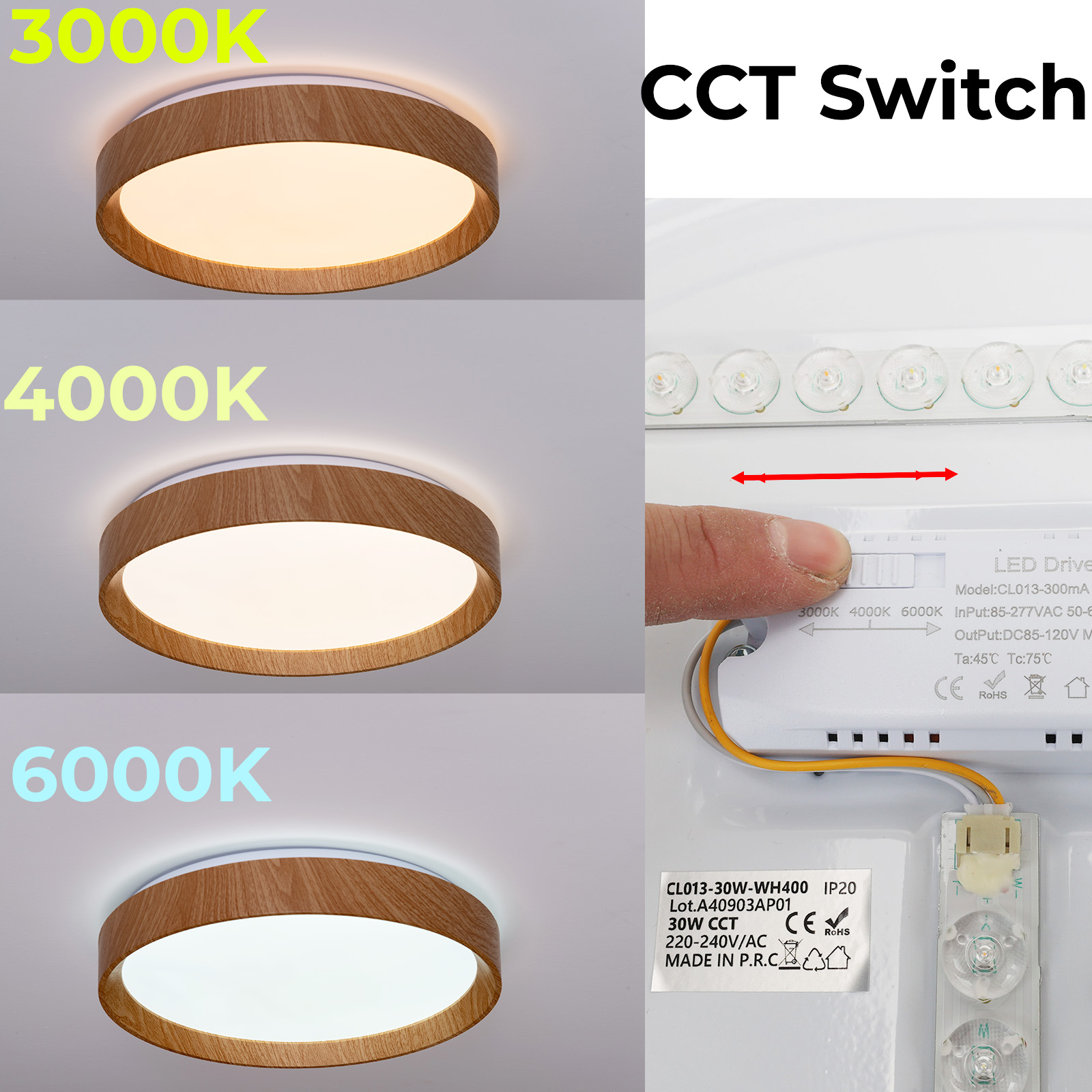 Imágenes de una lámpara de techo que muestra diferentes temperaturas de color, controladas por un interruptor. Opciones de 3000K, 4000K, 6000K.