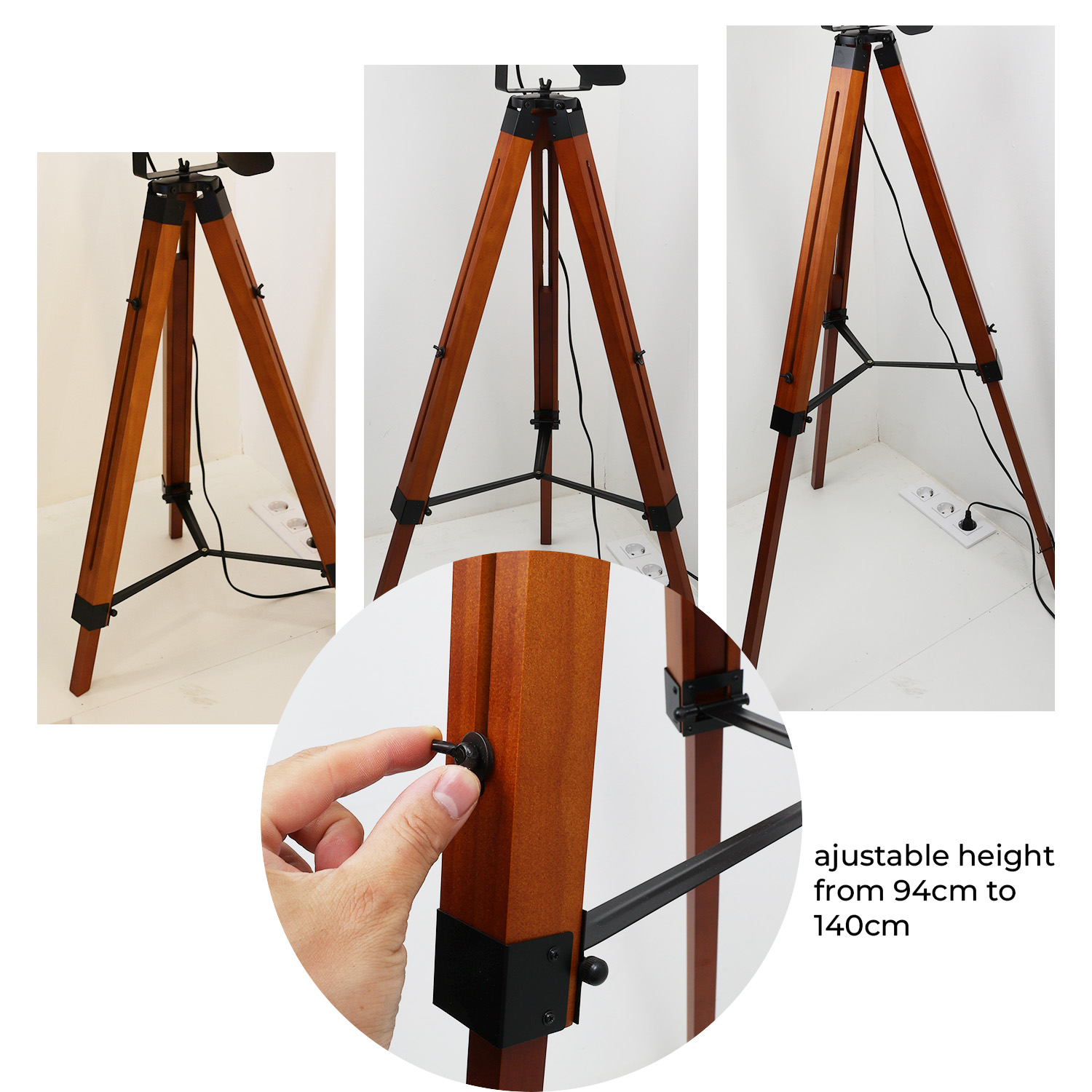 Un trípode de madera con patas ajustables y soporte de metal negro.