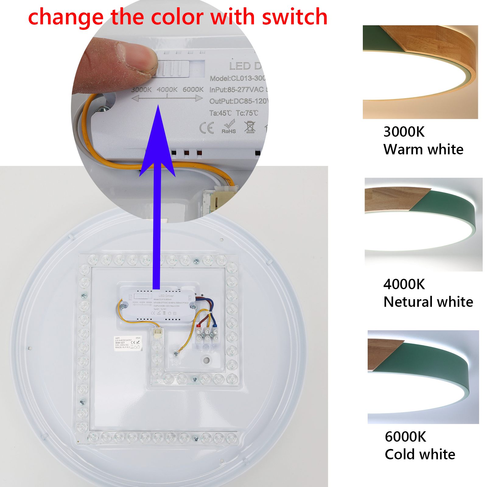 Primer plano de una lámpara de techo redonda con ajuste de temperatura de color.