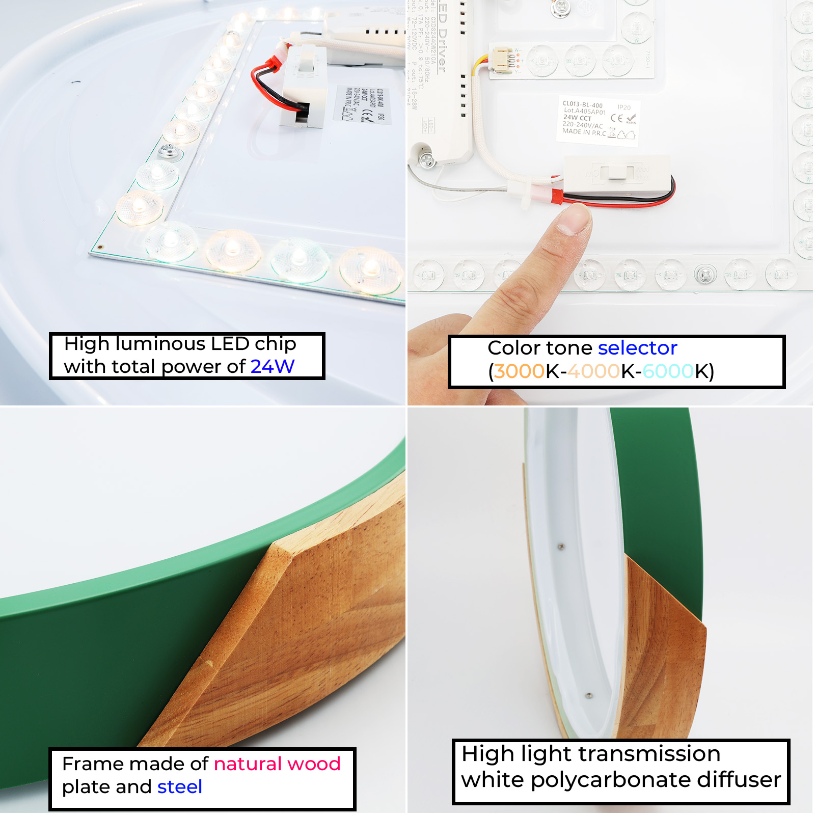 Detalles de una lámpara LED redonda con marco de madera y verde.