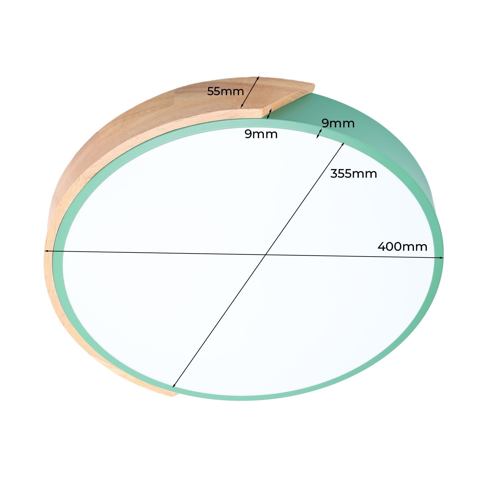 Dimensiones de una lámpara de techo redonda con borde de madera y verde.