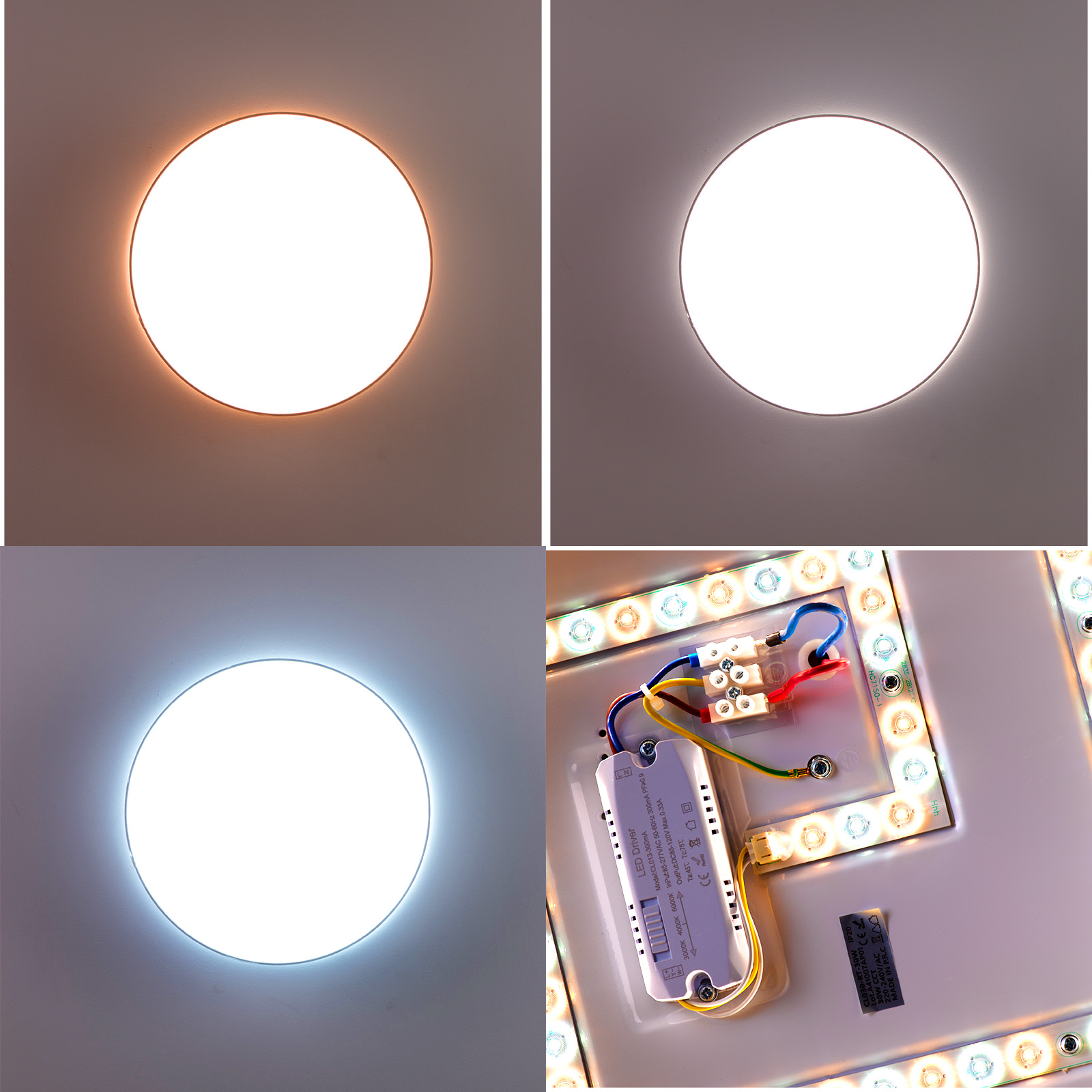 Cuatro imágenes de una luz de techo. Se muestran diferentes configuraciones de luz.