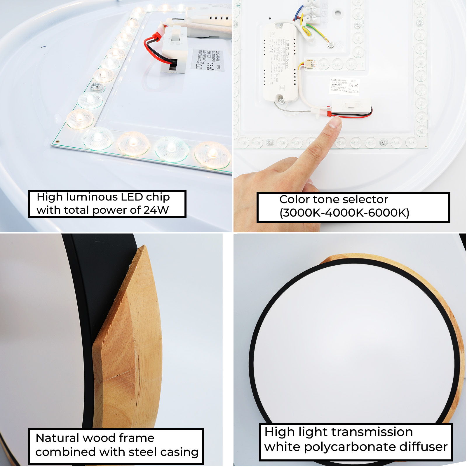 Diagrama de una luz circular. Muestra componentes: chip LED, selector de tono de color, marco de madera natural, carcasa de acero, difusor.