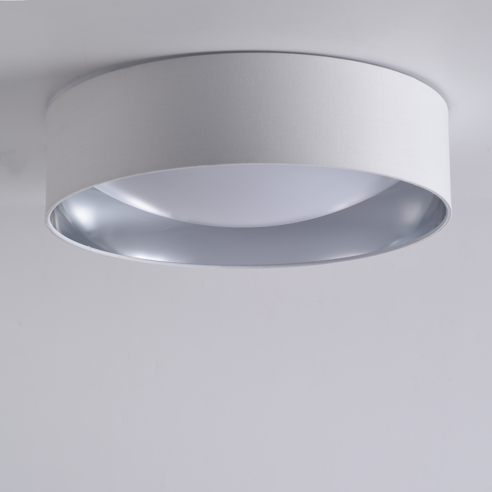 Luz de techo redonda con borde blanco y interior plateado. La luz está encendida.