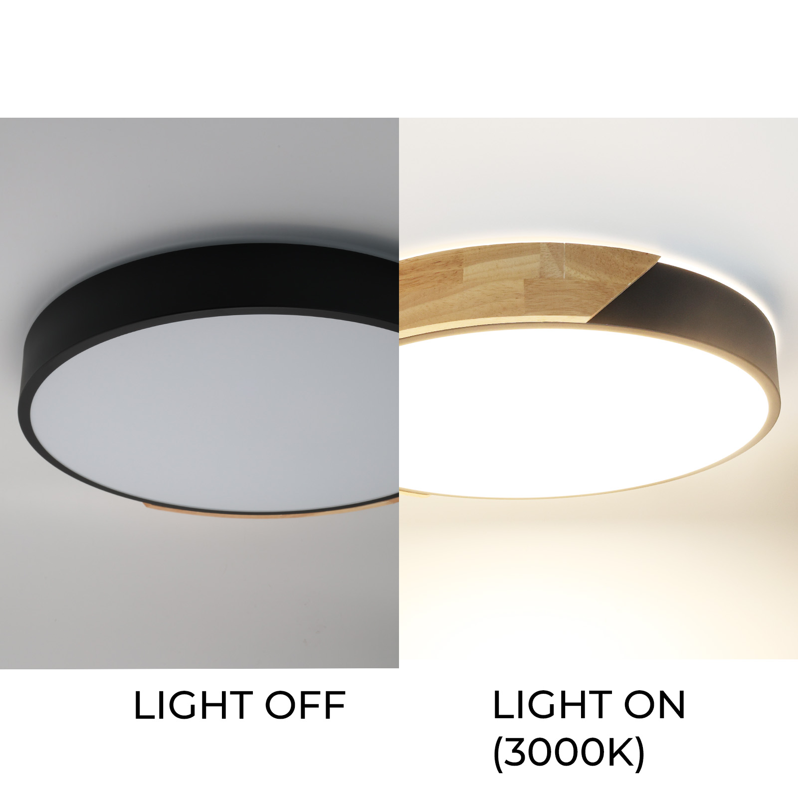 Luz de techo. Luz apagada (izquierda) y luz encendida (derecha) con temperatura de color de 3000K.