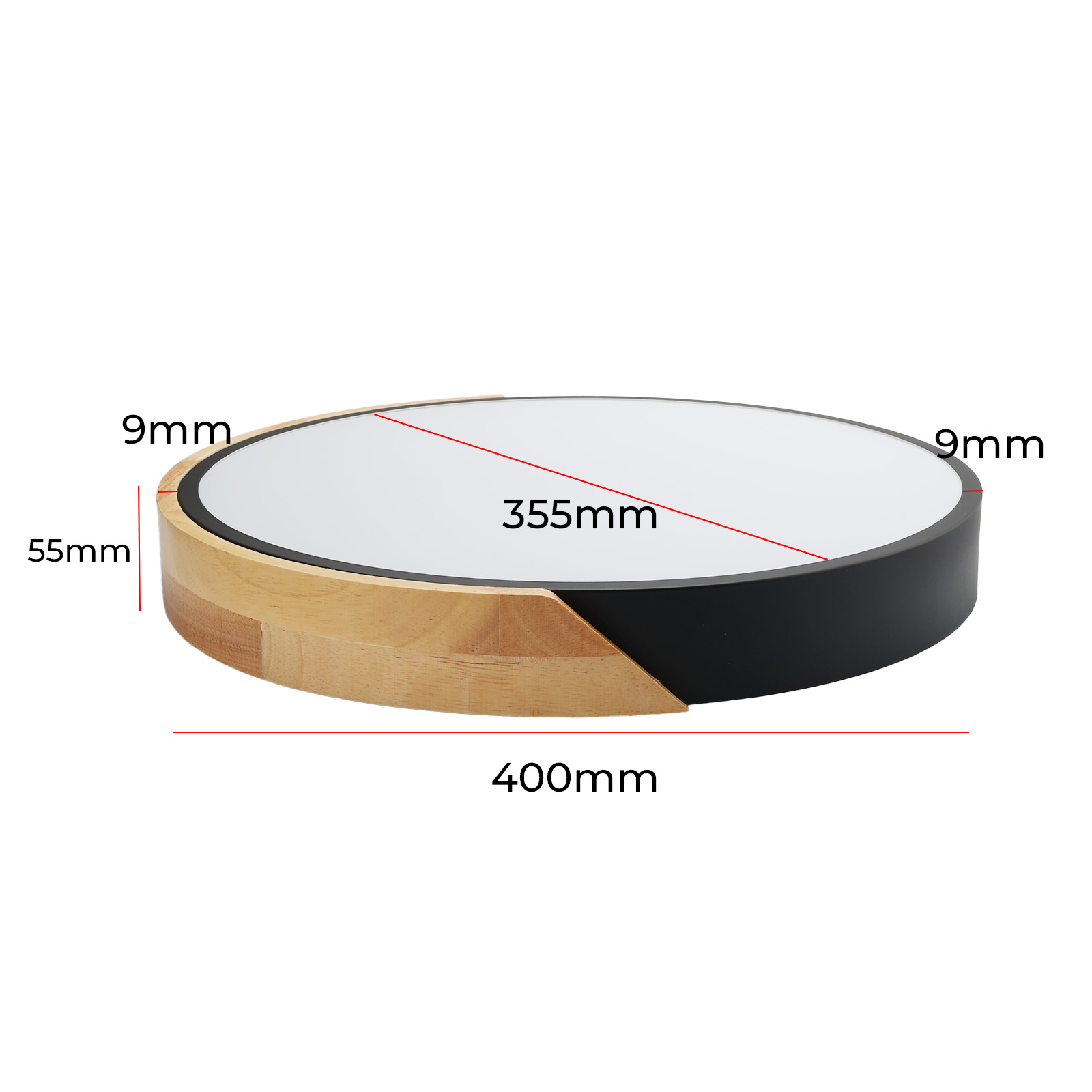 Un accesorio de iluminación circular con molduras negras y de madera, y luz blanca. Se proporcionan las dimensiones.