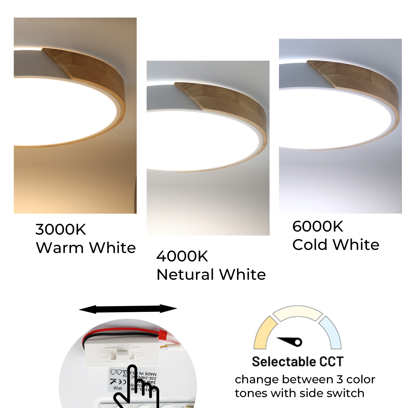 Diagrama que muestra tres temperaturas de color para una luz. 3000K (blanco cálido), 4000K (blanco natural) y 6000K (blanco frío).