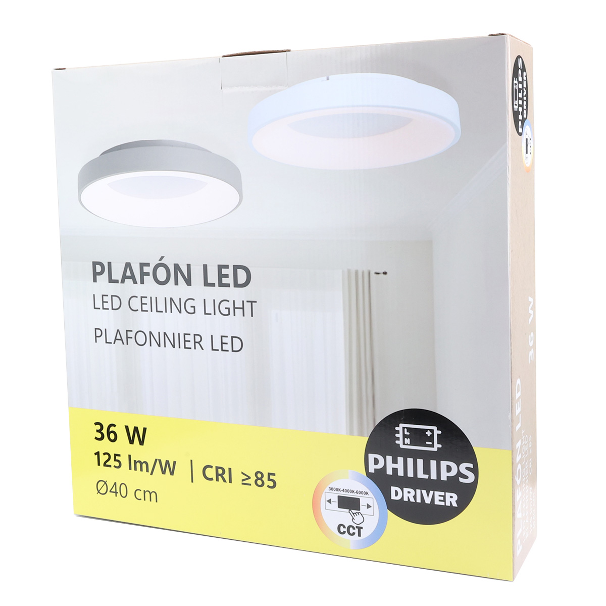 Luz de techo LED en caja. Texto: Plafón LED, 36W, Philips Driver. Imagen de la lámpara en un fondo blanco.