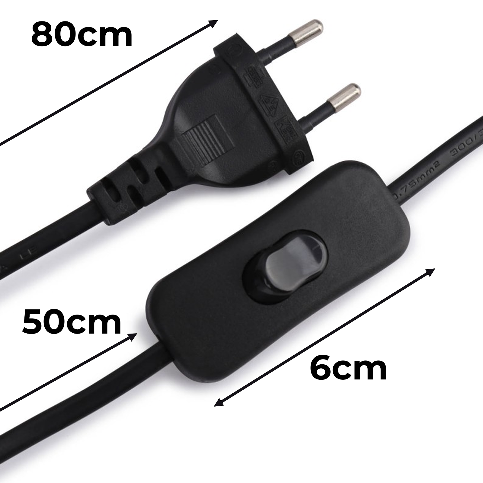 Cable de alimentación negro con interruptor y enchufe. Dimensiones proporcionadas para el cable y el interruptor.