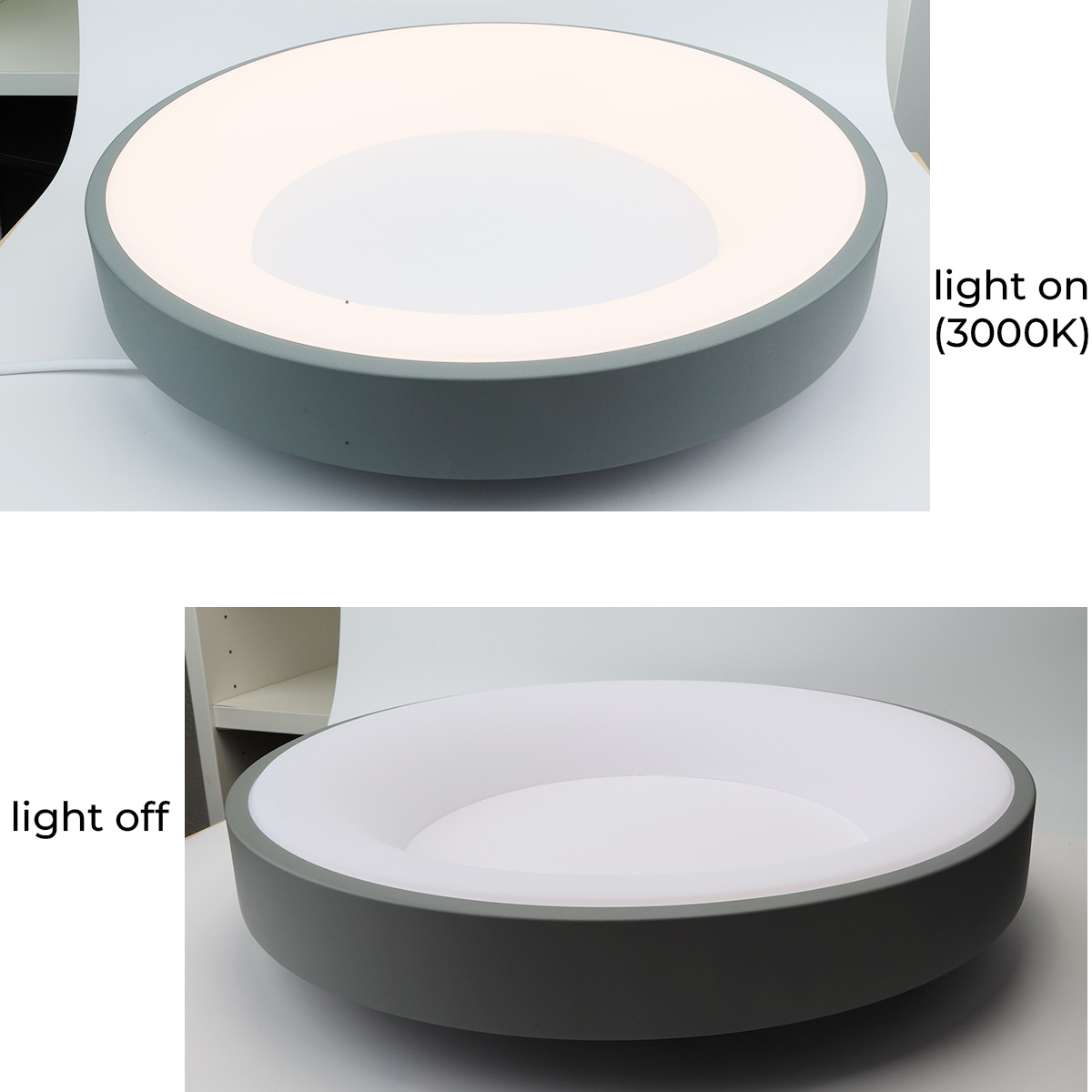 Dos imágenes de una luz de techo redonda. Una muestra la luz encendida (3000K), la otra apagada. Carcasa gris, centro blanco.