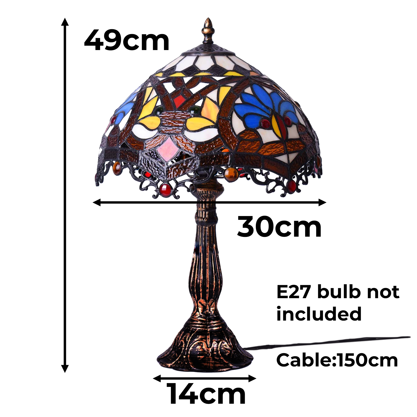 Una lámpara de vidrieras con dimensiones: 49 cm de altura, 30 cm de ancho, 14 cm de base y 150 cm de cable.