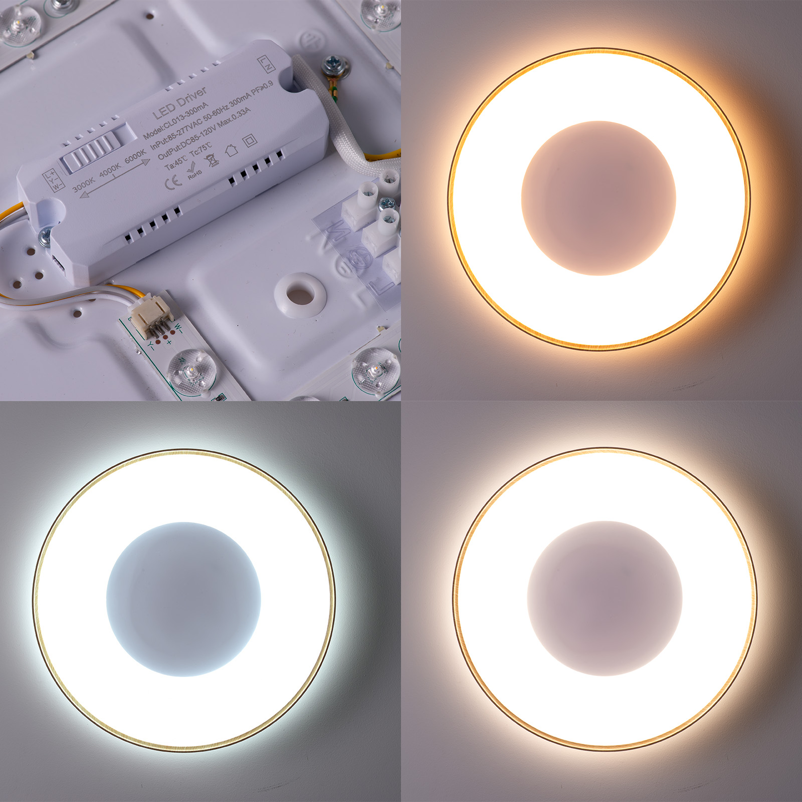 Primer plano de una lámpara de techo, que muestra los componentes internos, incluido un controlador LED.