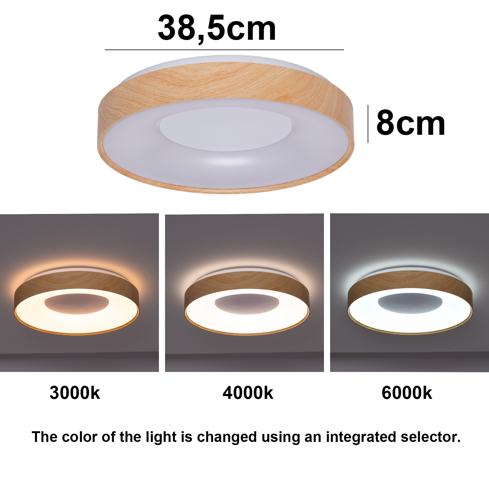 Una luz de techo con moldura de madera. Tres imágenes muestran cambios de temperatura de color: 3000K, 4000K, 6000K. Dimensiones dadas.