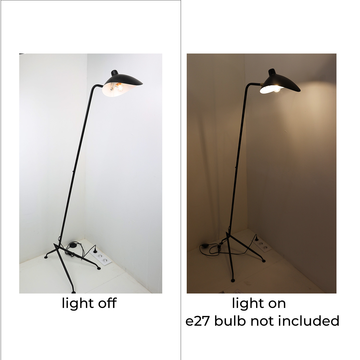 Dos imágenes de una lámpara de pie negra. Una con la luz apagada, la otra con la luz encendida (bombilla E27 no incluida).