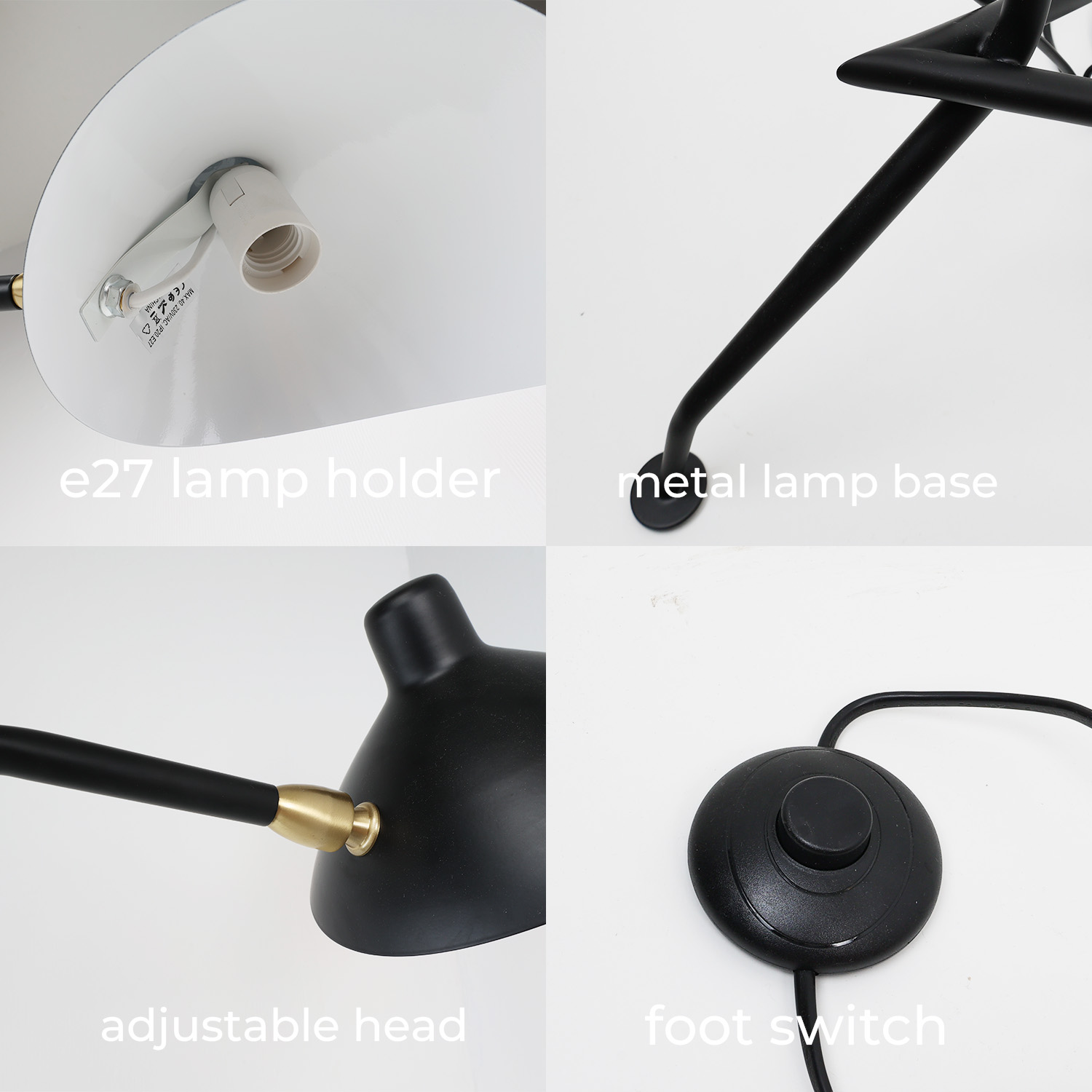 Primer plano de partes de lámpara: portalámparas E27, base de metal, cabezal ajustable y interruptor de pie. Fondo blanco.