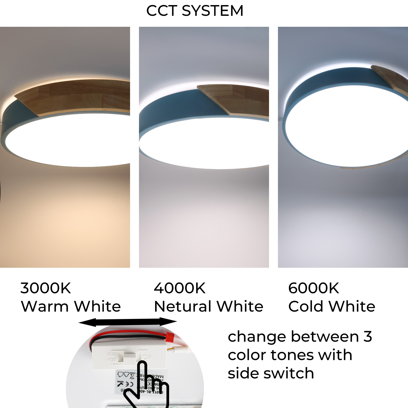 Un diagrama que muestra el sistema CCT con tres configuraciones de luz diferentes. La luz es una luz de techo.