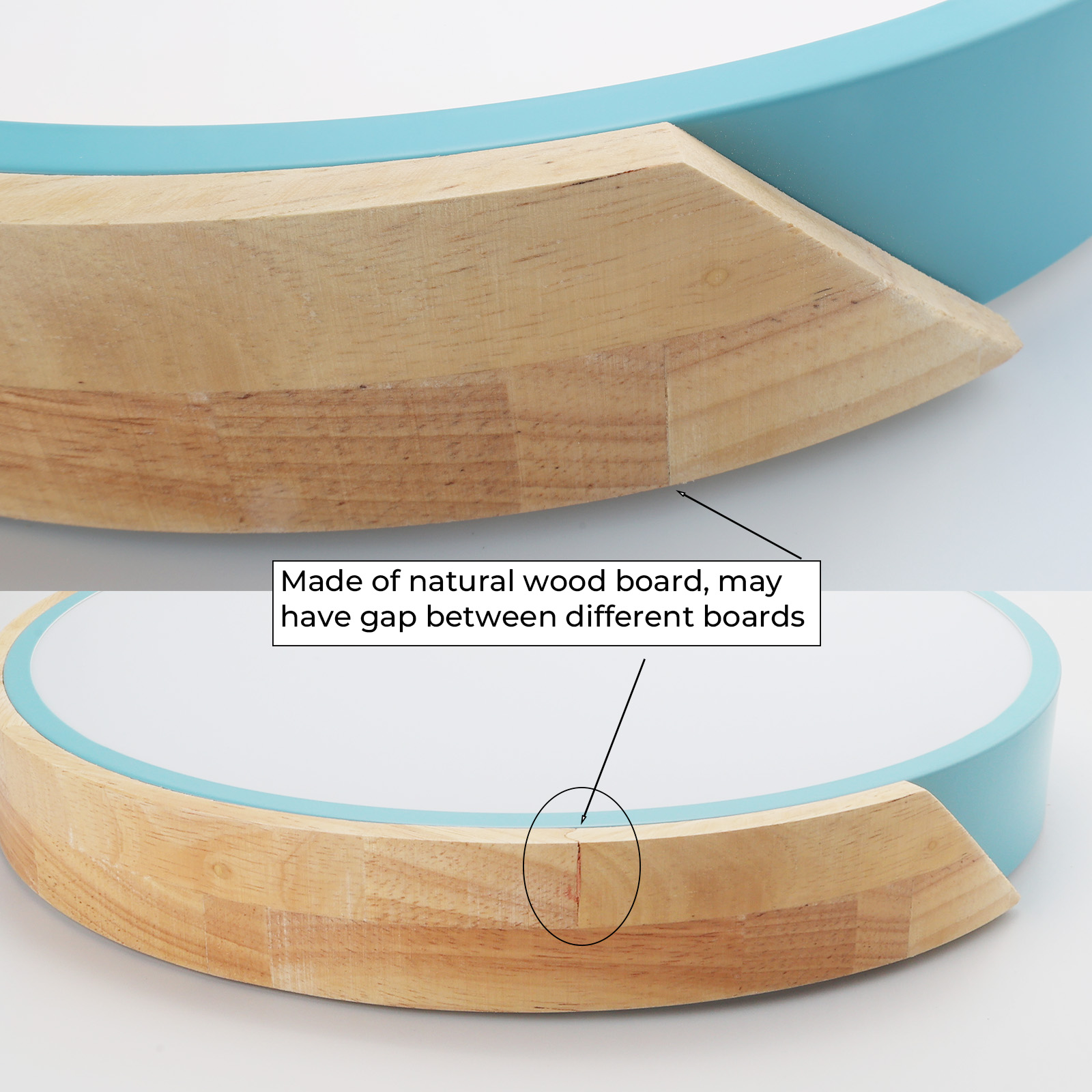 Primer plano de un objeto circular de madera con borde azul, con nota sobre huecos en la madera.