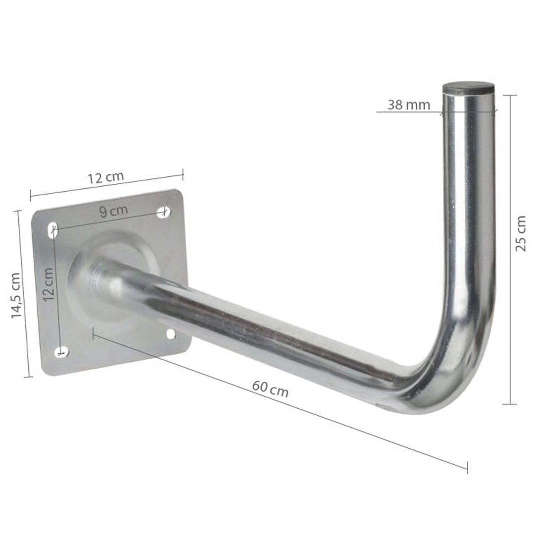 Srebrny wspornik anteny z wymiarami. Wspornik ma kształt litery J z kwadratową podstawą.