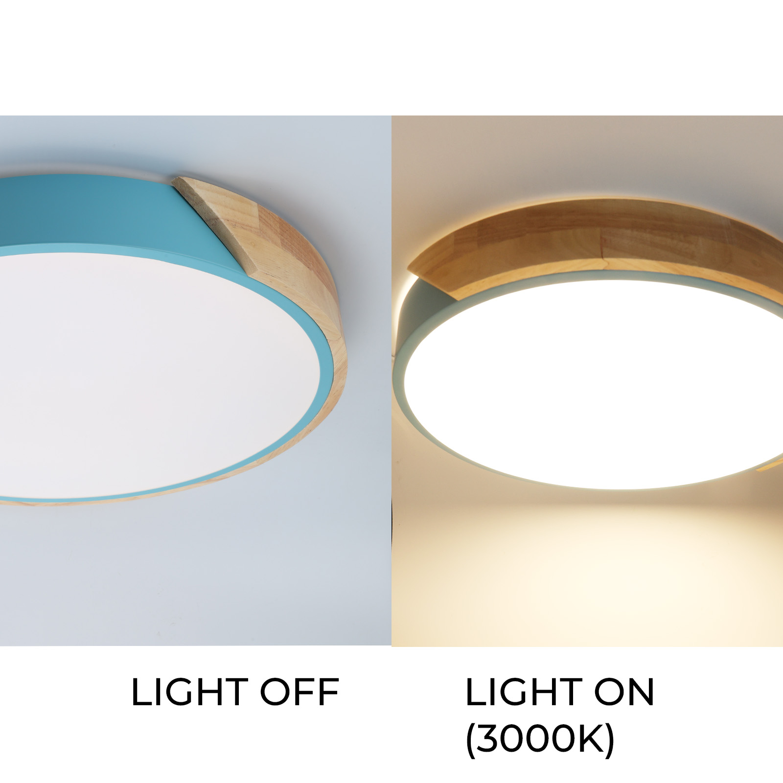 Una lámpara de techo circular, mostrando la luz apagada y encendida, con borde azul.