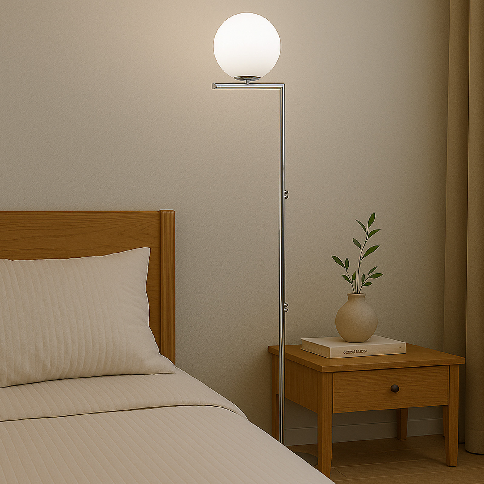Una escena de dormitorio con una lámpara de pie, una cama, una mesita de noche y un jarrón con plantas.