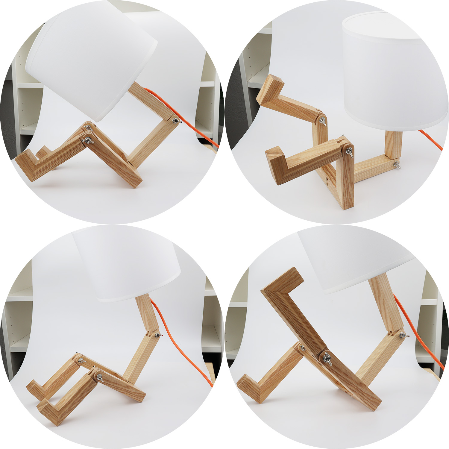 Múltiples vistas de una lámpara de escritorio de madera con pantalla blanca y cable naranja.