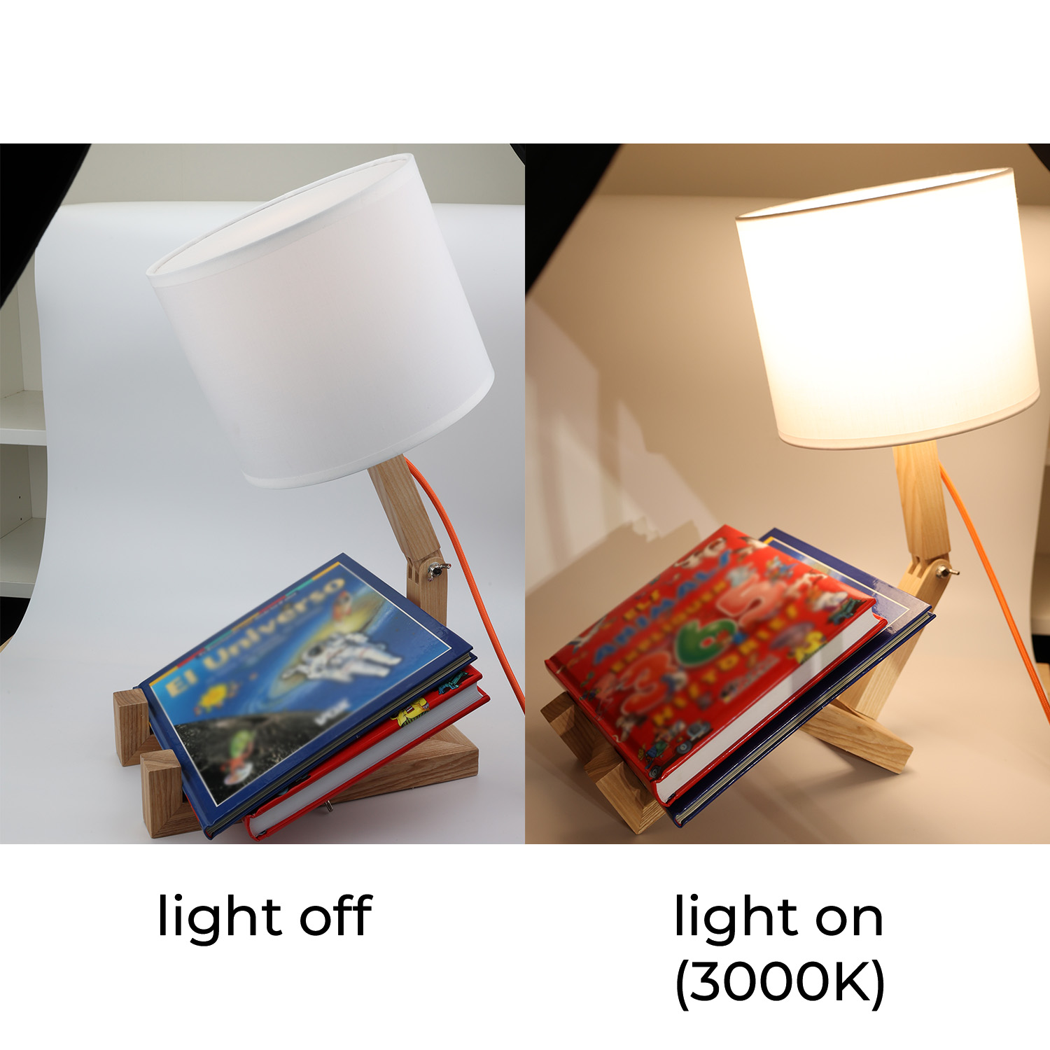 Comparación de una lámpara, luz apagada y luz encendida. La luz está encendida en el lado derecho.