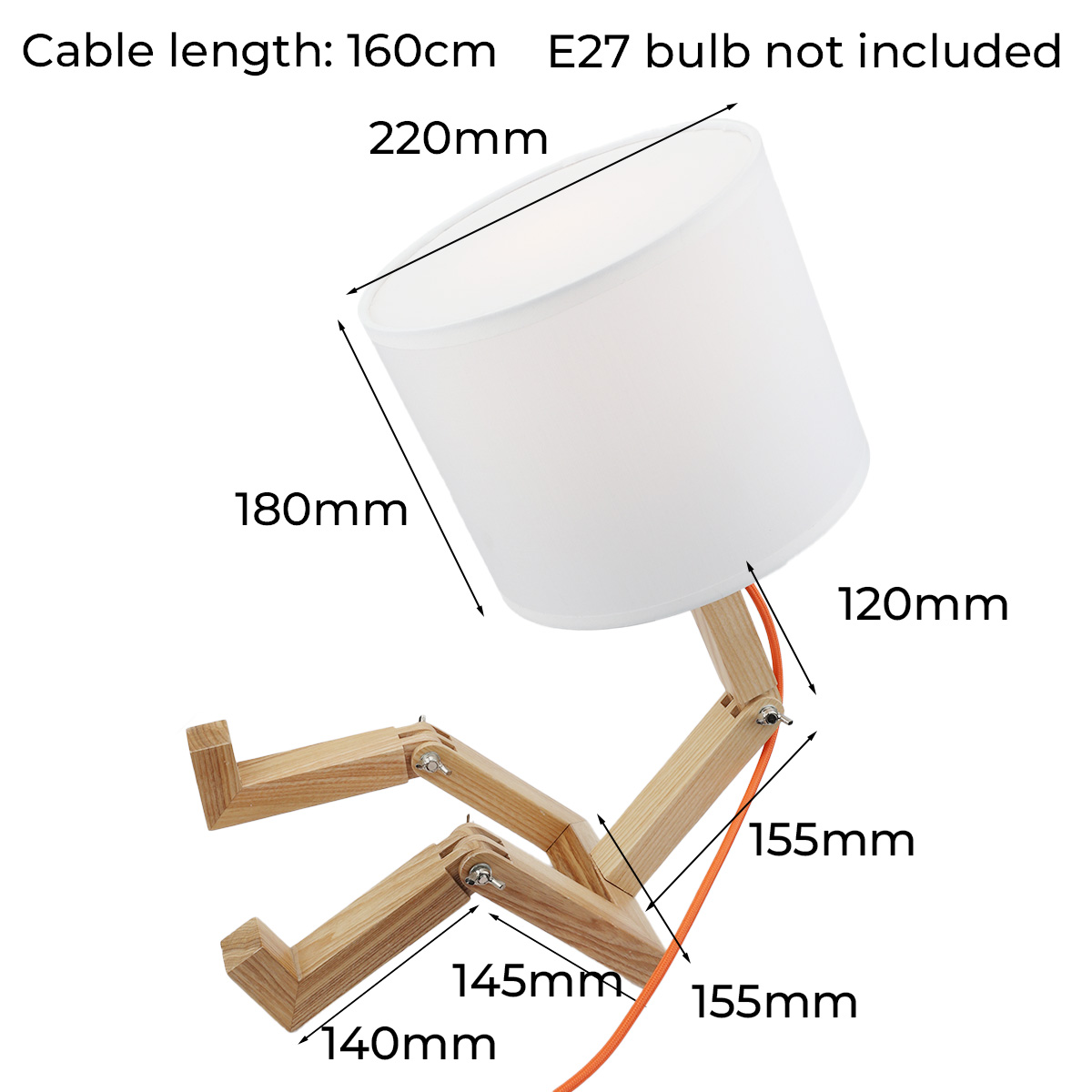 Una lámpara de escritorio de madera con pantalla blanca y cable naranja, con medidas.