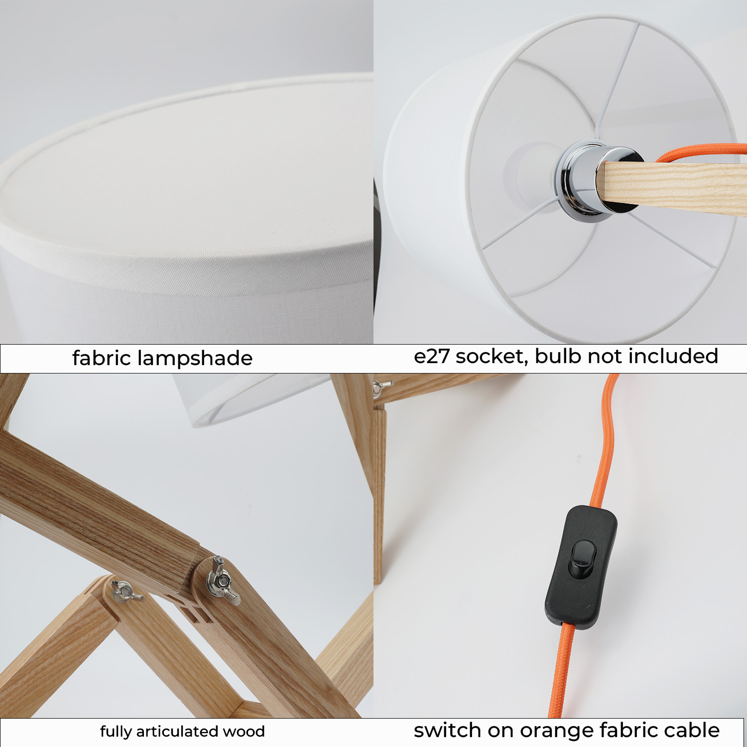 Primer plano de una pantalla de tela, marco de madera, cable naranja con interruptor y casquillo E27.