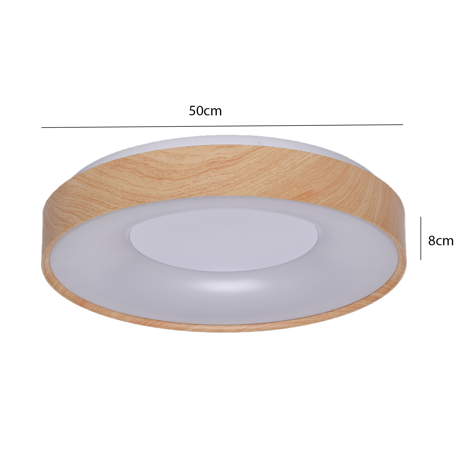 Luz de techo con anillo de madera, superficie interna blanca y dimensiones 50x8 cm.