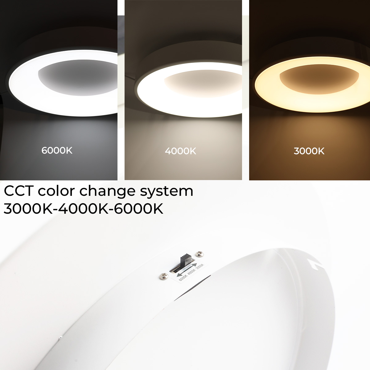 Imágenes de una luz de techo, que muestran 3 temperaturas de color: 6000K, 4000K y 3000K. Se muestra un interruptor.