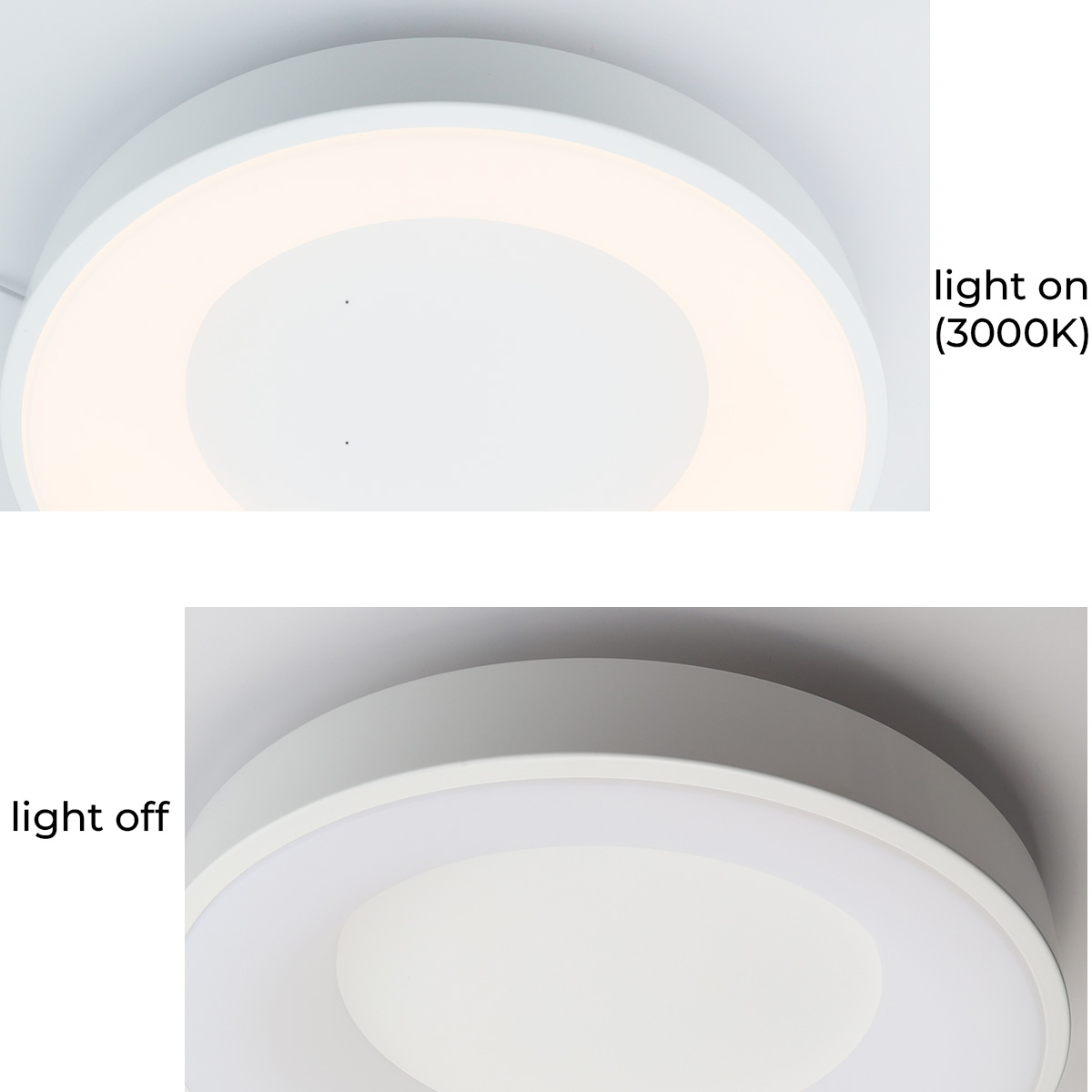 Primer plano de luz de techo mostrando luz encendida (3000K) y apagada, superficie blanca.