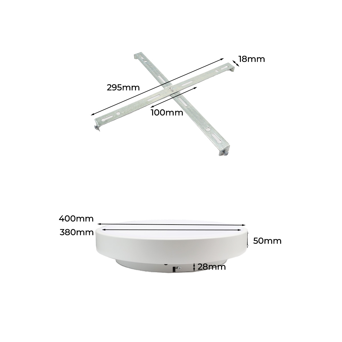 Componentes de luz de techo: soportes de montaje (295mm x 100mm) y lámpara (400mm x 50mm).