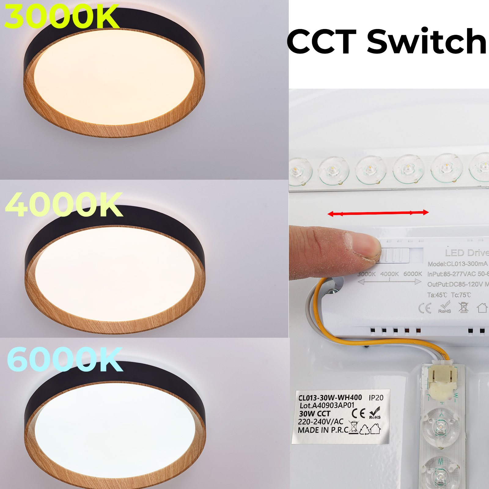 La imagen muestra tres luces de techo con diferentes temperaturas de luz junto a un interruptor CCT para ajustar.