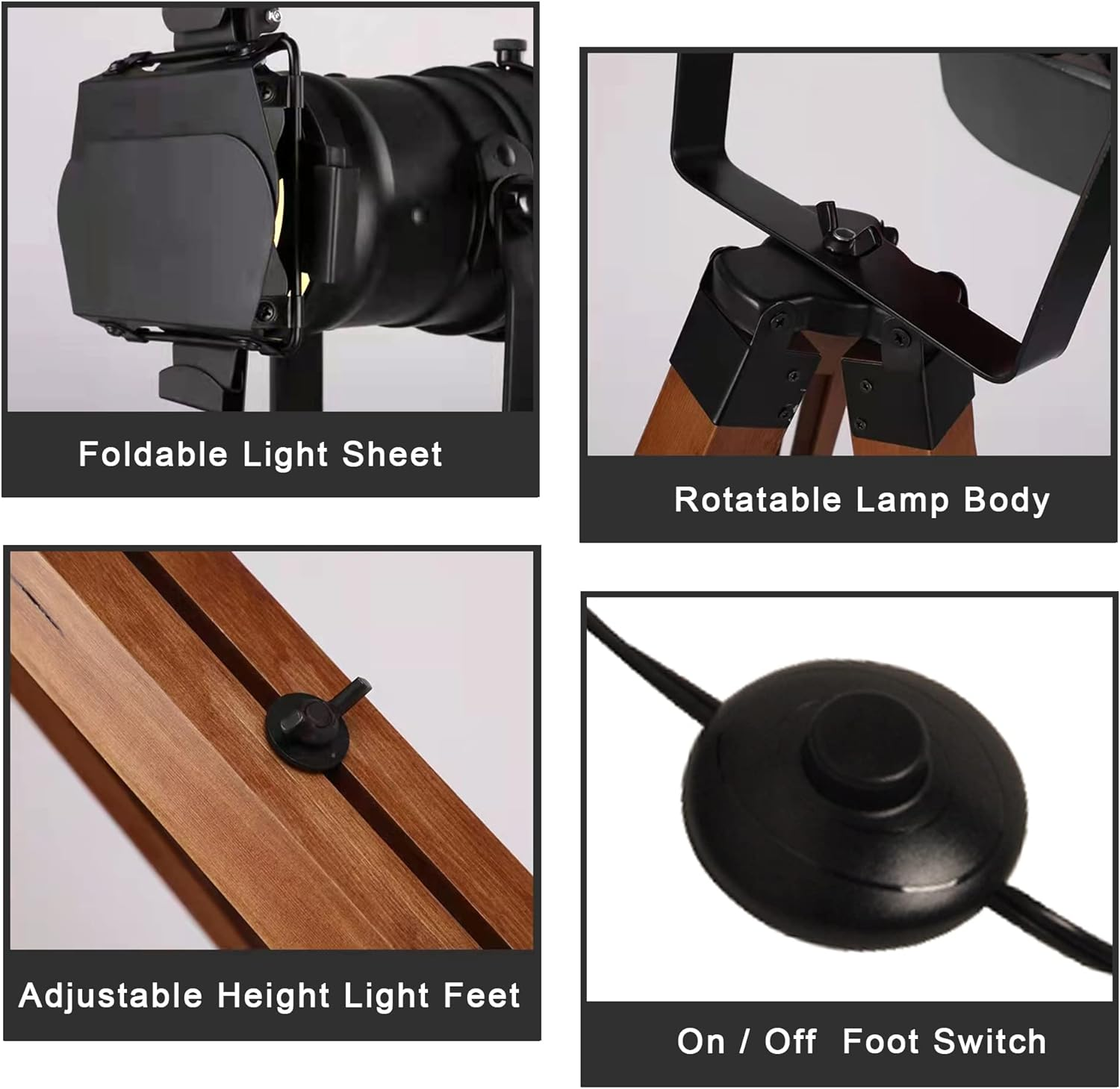 Detalles del producto en primer plano de un foco. Incluye una lámina de luz plegable, cuerpo de lámpara giratorio e interruptor de pie.
