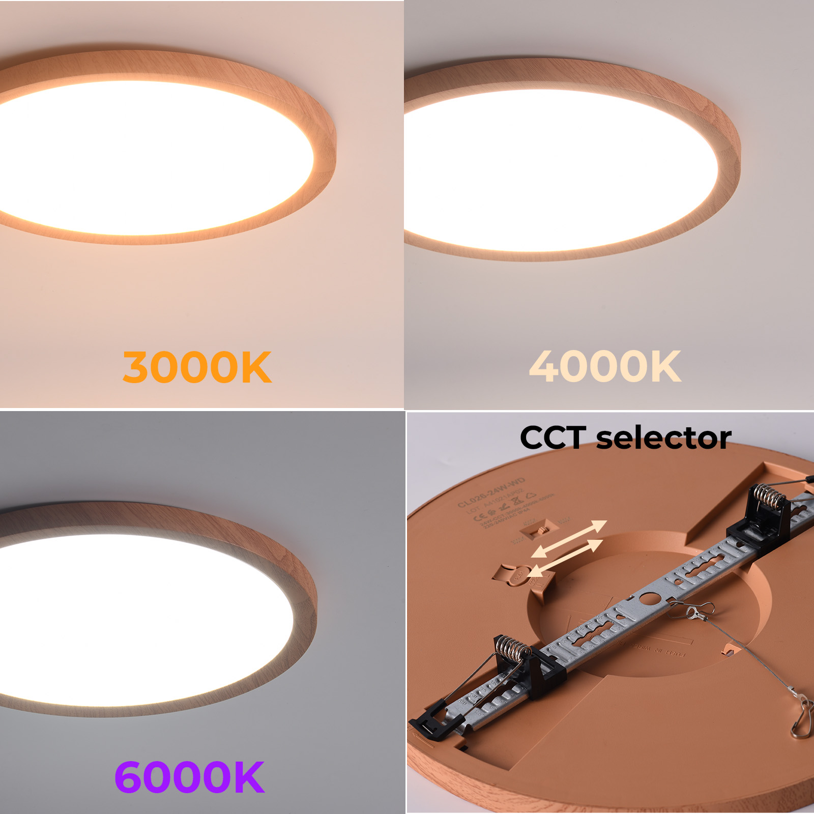 Cuatro imágenes que muestran una luz de techo con marco de madera a 3000K, 4000K y 6000K, más un detalle del selector CCT.