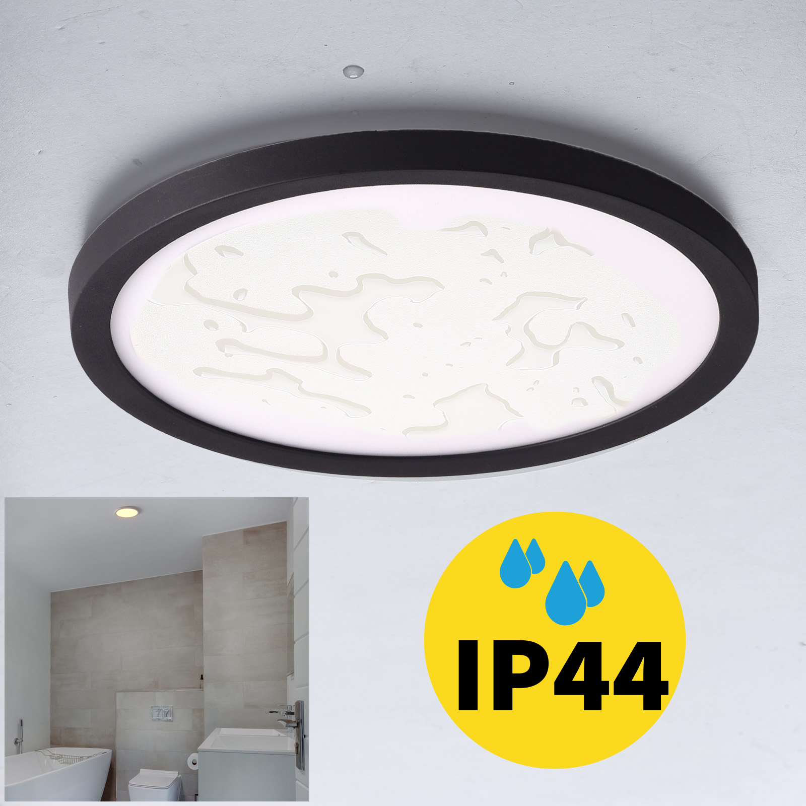 Una luz de techo redonda con marco negro. La luz está encendida y se indica IP44 con gotas de agua.
