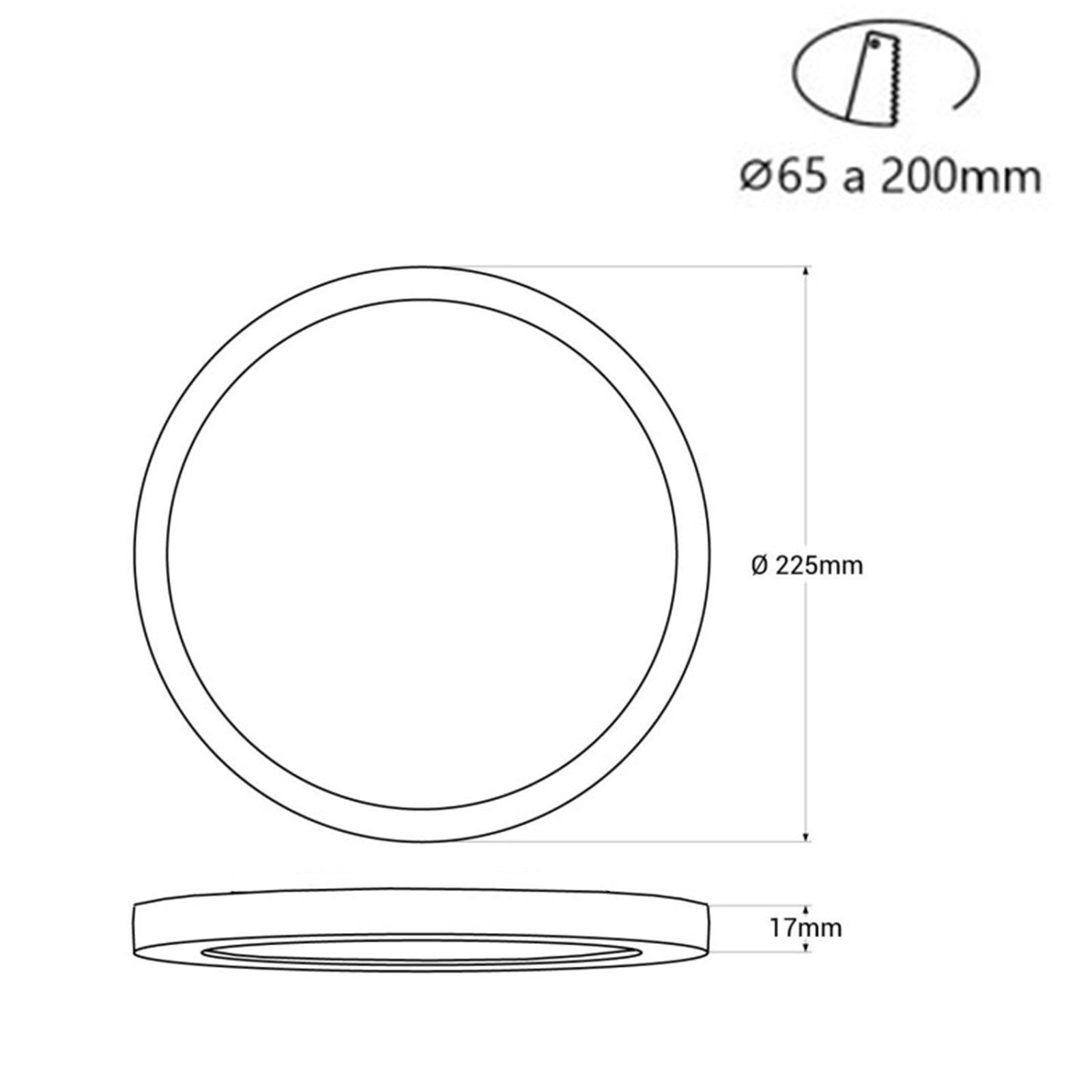 Diagrama de una luz de techo redonda, con dimensiones en mm. Muestra una vista lateral y una vista superior.