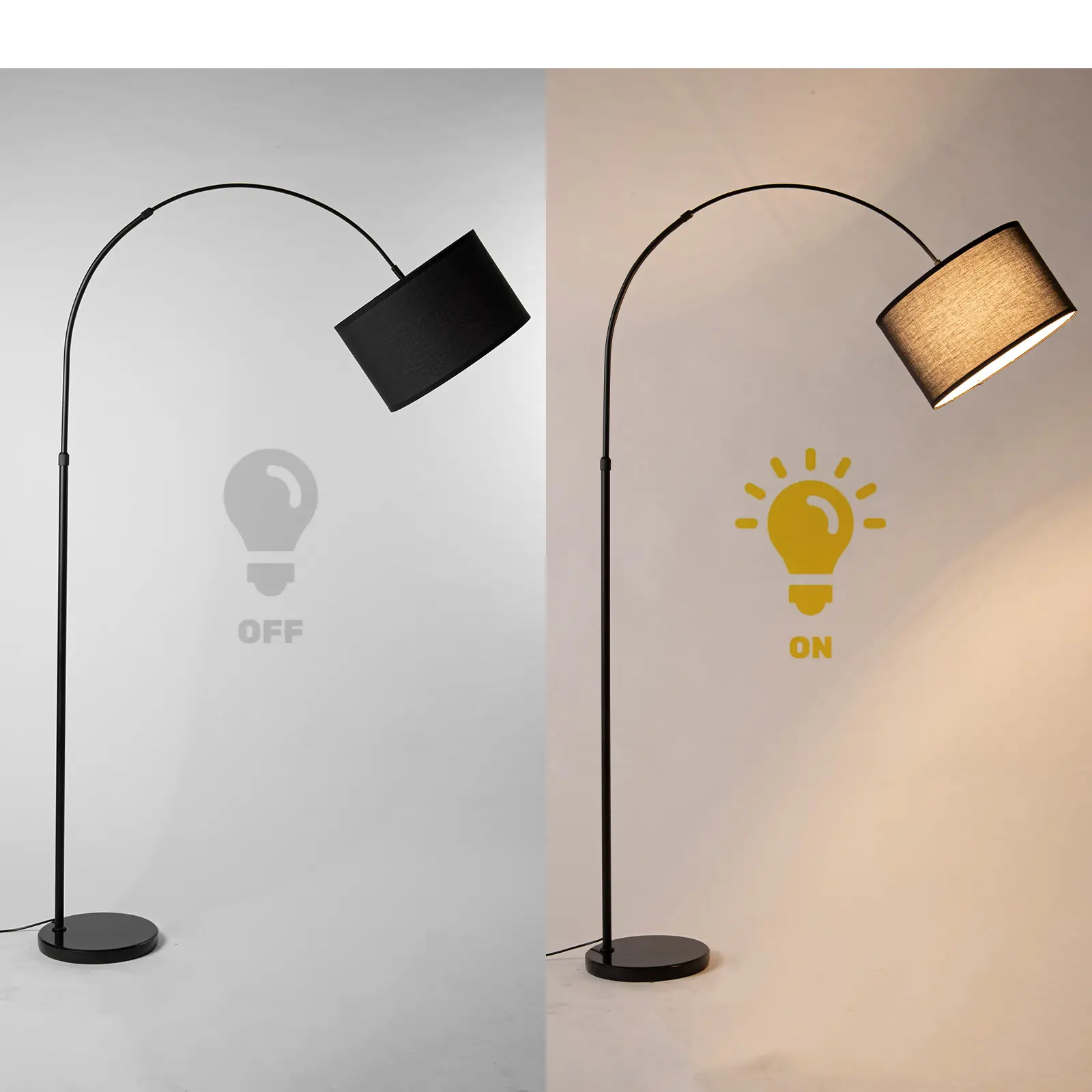 Dos imágenes de la misma lámpara de pie de arco. Una está apagada, la otra encendida.