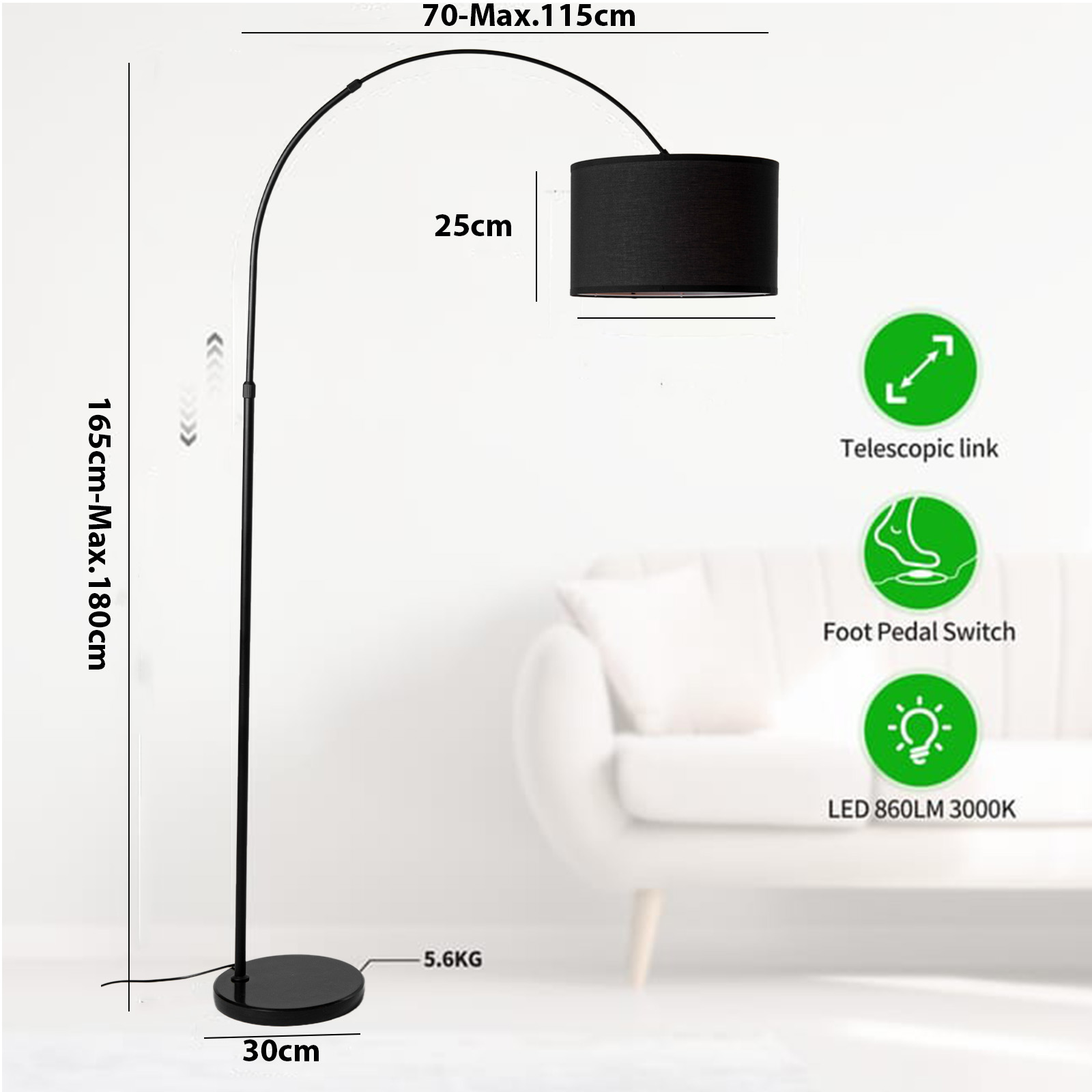 Diagrama de una lámpara de pie de arco que muestra dimensiones, enlace telescópico, interruptor de pedal y detalles LED.