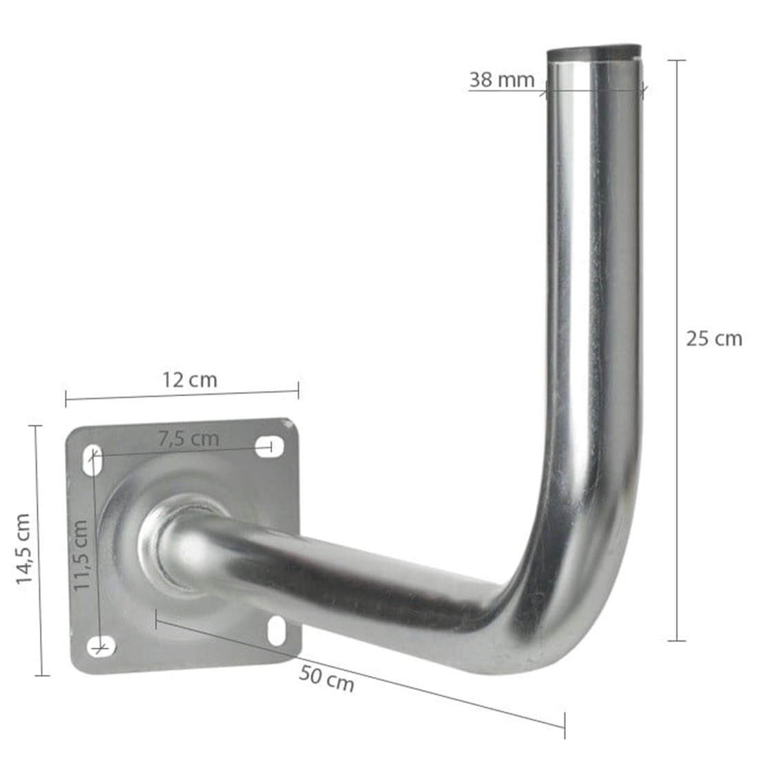 Metalowy wspornik z wymiarami i pomiarami. Wspornik służy do montażu.