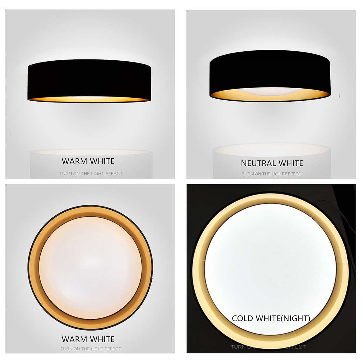 Cuatro imágenes que muestran una lámpara de techo con diferentes configuraciones de luz: cálida, neutra y blanca fría, más apagada.